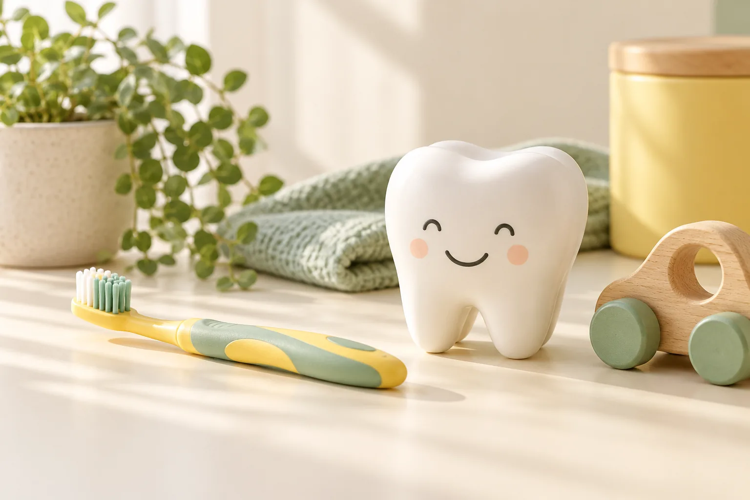 Child-sized toothbrush and friendly tooth model